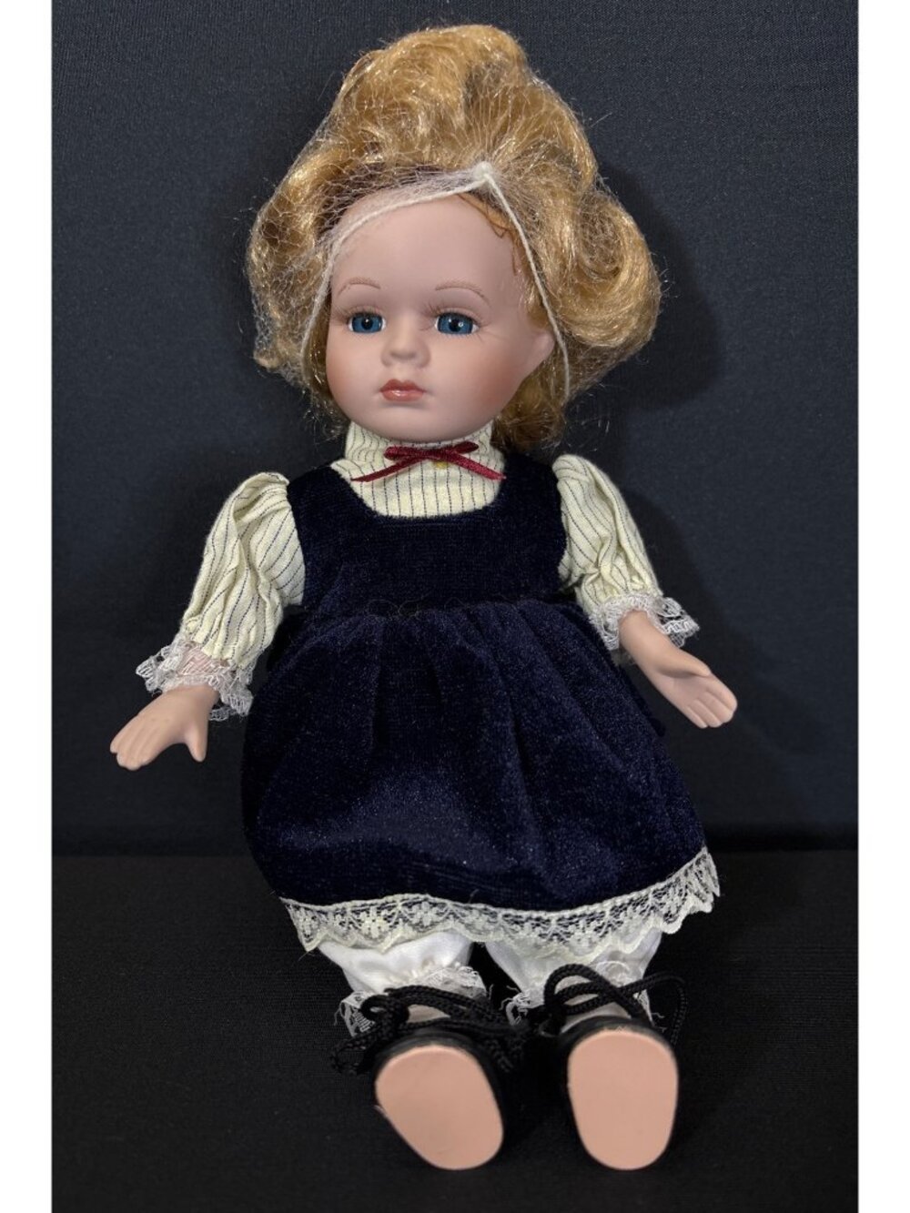 Duck House Porcelain Doll Vintage Blonde Curls Blue Velvet Lace Dress Blue Eyes - Picture 3 of 16